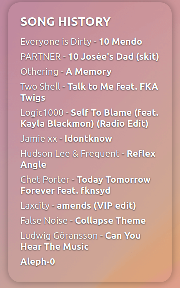 Ekrankopio de kanthistorio de la lastaj kantoj de la elsendo: «10 Mendo» el Everyone is Dirty, «10 Josée’s Dad (skit)» el PARTNER, «A Memory» el Othering, «Talk to Me feat. FKA Twigs» el Two Shell, «Self To Blame (feat. Kayla Blackmon) (Radio Edit)» el Logic1000, «Idontknow» el Jamie xx, «Reflex Angle» el Hudson Lee & Frequent, «Today Tomorrow Forever feat. fknsyd» el Chet Porter, «amends (VIP edit)» el Laxcity, «Collapse Theme» el False Noise, «Can You Hear The Music» el Ludwig Göransson», «Aelph-0», kaj «Rain» el Papa Khan.