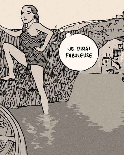 A third woman at the side of a rocky bridge thinks: "Je dirai fabuleuse"
