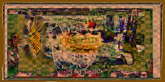This composition is framed as if it was an old photo.  Colours are grainy and washed out, like an old photograph. Text twists and fades in and out over indistinct figures. Central is the pale, aged face of Trump. The face is an outline and shadows that blend with the background. To the far left is a small, distorted image of Trump on a TV screen.