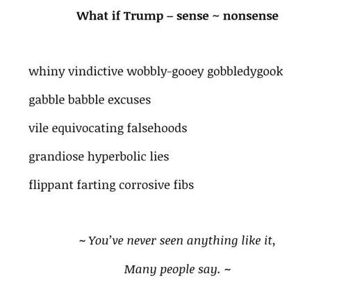 What if Trump – sense ~ nonsense 

whiny vindictive wobbly-gooey gobbledygook

gabble babble excuses

vile equivocating falsehoods

grandiose hyperbolic lies

flippant farting corrosive fibs


~ You’ve never seen anything like it,

Many people say. ~