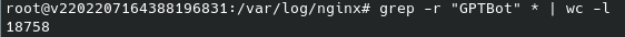 Screenshot of terminal showing response of `grep -r "GPTBot" * | wc -l` command which is 18758.