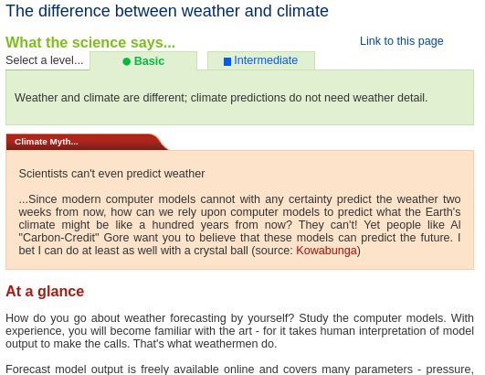 Screen capture of Skeptical Science climate myth rebuttal "The difference between weather and climate."