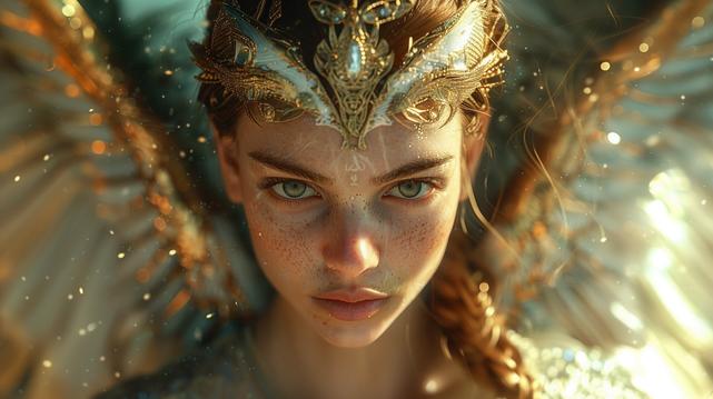 The image depicts a close-up portrait of a person with striking blue eyes, crowned with an ornate, golden headdress that suggests a regal or mythical status. The freckles on the face add a touch of innocence, while the glinting particles and warm backlight create a magical or celestial atmosphere.