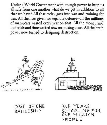 A screenshot of page 158 of the book available through the archive.org link in the post. Above the line drawings of a battle ship and a big school is the text:

"Under a World Government with enough power to keep us all safe from one another what do we get in addition to all that we have? All that today goes into war and training for war. All the lives given for separate defense—all the millions of man-years wasted every year on that. All the money and materials and time wasted now on making arms. All the brain power now turned to designing destruction."

The captions under the line drawings suggest that the
"COST OF ONE  BATTLE SHIP"
could instead be used for 
"ONE YEARS SCHOOLING FOR,
ONE MILLION PEOPLE"