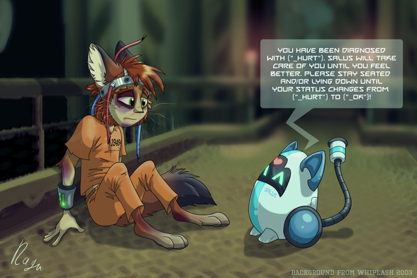 An artwork of my character called Viktor and his new little robot friend, Salus. Viktor is badly hurt and sitting on the floor while listening to Salus saying this:
"You have been diagnosed with (“_hurt”). Salus will take care of you until you feel better. Please stay seated  and/or lying down until your status changes from  (“_Hurt”) to (“_Ok”)!"
--
Description of the characters on the picture:

Viktor is a dhole-human (I call him a Wildcrafter) who has been used as a test subject for Experiment EL-99 that turned him into a walking electric weapon. Viktor has escaped during the experiment but it left him with the ability to shoot lightnings and lightningballs out of his hand. 
--
Salus is a medical android prototype designed to keep the lab-workers' health checked all the time however this prototype doesn't have worker-recognition installed yet so she can't differentiate between workers and prisoners. When she meets Viktor she recognizes that he has a whole series of health issues and starts following him around and costantly trying to take care of him. She often has an innocent smile look on her visor as if she's happy to feel useful even tho Viktor thinks she's annoying sometimes.