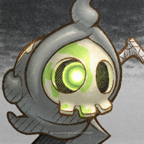 Digitally handmade mugshot artwork of an original character based on the Duskull Pokémon facing forward towards the right side of the image at a 3/4 angle holding onto Kurosaki Ichigo's sword from the Bleach series, on a heavily-clouded sky background.