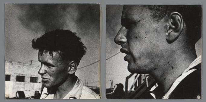 The image you've provided appears to be a black and white photograph divided into three sections, each featuring different individuals. The central figure is seated between the two other individuals, who are standing on either side of him. Each person is engaged in an activity or expression that seems to relate to their surroundings or each other.

In the central section, there's a man looking directly at the camera with a neutral expression. He has short hair and appears to be wearing light-colored clothing. The left side of the photograph shows another person, also seated, who is not facing the camera but rather looking towards their companion on the right. This individual seems to be dressed in darker attire compared to the central figure.

The third section features a man standing and looking at the ground or his feet. He's wearing light-colored clothing similar to the central figure, which may suggest a connection between them. The background is not clearly defined but appears to be an outdoor setting with some natural elements that could be trees or bushes.

The photograph seems to capture a moment in time, capturing three individuals in what might have been a casual, candid shot taken during their day-to-day lives. There's no text visible in the image to provide additional context or information about the subjects or the location. The style of the image suggests it could be from an earlier era due to its black an [...]