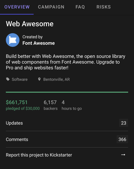 A screenshot from the Web Awesome Kickstarter campaign showing that they are less than $40,000 away from the next stretch goal