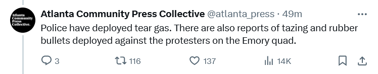 Tweet from Atlanta Community Press Collective saying police in Atlanta have deployed projectile weapons.