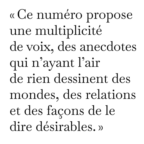 L'image comporte un texte en noir sur fond blanc dans une fonte serif, la Baskervoll.

"Ce numéro propose une multiplicité de voix, des anecdotes qui n'ayant l'air de rien dessinent des mondes, des relations et des façons de dire désirables."