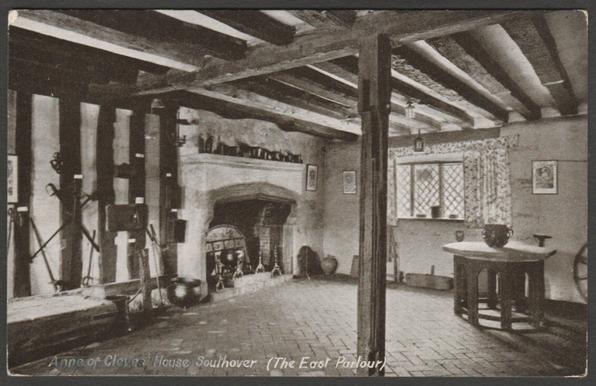 Printed sepia postcard showing a view of the east parlour at Anne of Cleves house in Southover, Lewes, Sussex.
Published by Hood & Co, Middlesbrough, Sanbride, not numbered.
Postally used on 21 May 1939 with Weymouth postmark on red 1d stamp and sent to Mrs Collett, Roscommon, 14 The Crescent, Friern Barnet, London.
Good condition, with slight corner bumps.