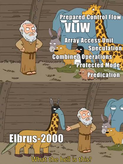 Family guy Noah meme:

The first picture with a bunch of animals and text:
1. VLIW
2. Speculation
3. Predication
4. Prepared Control Flow
5. Array Access Unit
6. Combined Operations
7. Protected Mode

The second picture with an animal is created from parts of the animals from the first picture and text "Elbrus-2000" [1].

Noah> What the hell is this?

[1]: Elbrus-2000 is a VLIW ISA.