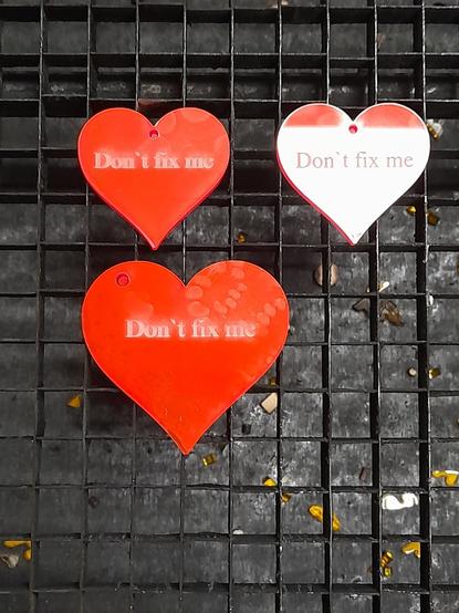 Heart-shaped earrings and keychain with the message "Don't fix me".