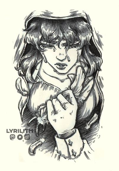 Bust drawing in black and white, with markers and pen. A young woman with shoulder length wavy hair has her head slightly tilted downwards. She is crying, her eyebrows furrowed, tears rolling down her face. A hood of a white robe softly covering her head. In her left hand, which she is holding towards her chest, she is tightly holding onto three white feathers. Three more small feathers are floating down around her.