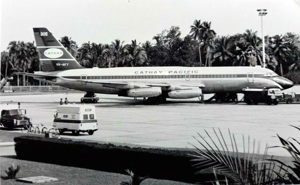 black and white photo with palm trees in the background.