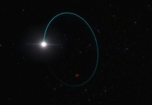Impression of the BH3 system.
What we know about the system is that the two objects are separated by a distance of about 16 times the distance between Earth and the Sun, and orbit each other every 11.6 years. The black hole clocks in at about 32.7 solar masses.