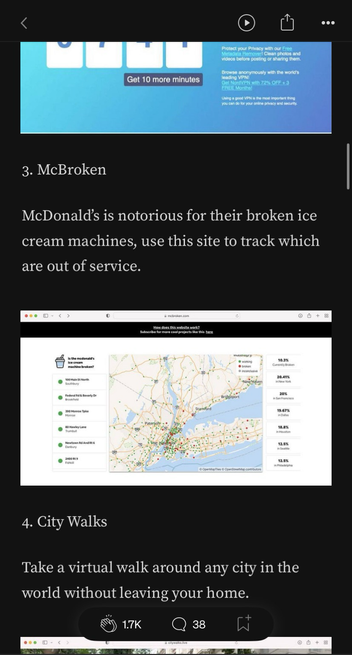 Screen capture of a Medium article section featuring two items: 3. McBroken with a description of the website used to track nonfunctional McDonald’s ice cream machines, including a screenshot of the site showing a map with location markers; and 4. City Walks with a description inviting readers to take virtual walks around any city without leaving home. The interface displays like and comment icons with counts. [Alt text by ALT Text Artist GPT]