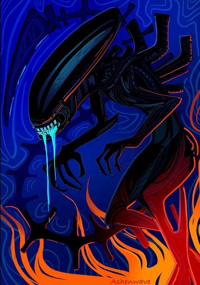Illustration of the xenomorph from Alien in bold colors. It’s showing its teeth, posture aggressive, surrounded by fire.