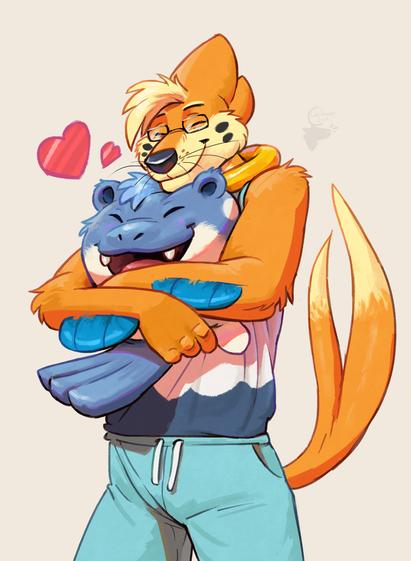 An anthropomorphic buizel wearing water-themed clothes is giving a big hug to a spheal. The buizel holds the spheal tightly like it's a round plushie, a content smile on his face as he nestles his jaw into the top of the spheal's head. The spheal is elated, mouth open in a toothy smile and hearts float above its head.