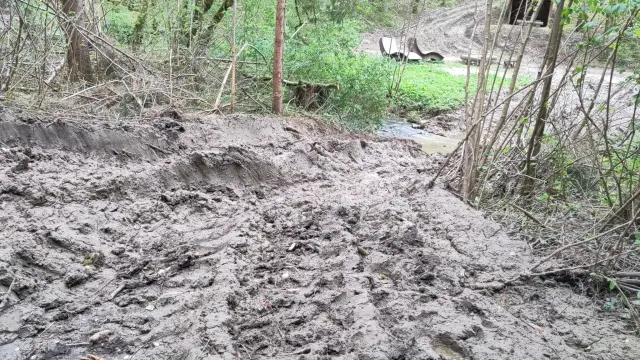 Vom Vollernter aufgewühlter und völlig zerstörter Waldweg mit metertiefen Fahrspuren.
Im Hintergrund der Krebsbach, durch den ebenfalls ohne Rücksicht auf Flora, Fauna und Ökosystem gefahren wurde.