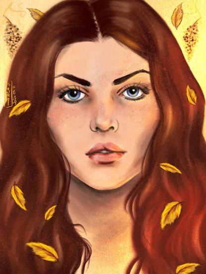 Portrait dessiné d’une jeune femme aux yeux bleus, de face, regardant dans la direction de « l’objectif ». Elle a la peau claire parsemée de taches de rousseur. Elle a de longs cheveux châtains légèrement ondulés qui encadrent son visage. Elle est éclairée par une lumière dorée. Des feuilles dorées voltigent devant ses cheveux et derrière elle.
