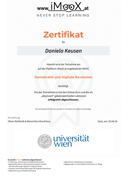 Zertifikat zum genannten MOOC