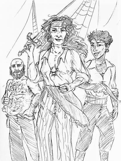 Pen illustration of three pirates - a bald male with a beard holding a treasure map, an older woman holding a sword, and an androgynous woman with a pistol