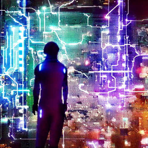 eine silhouette einer person steht vor einem farbigen, leuchtenden wirrwar an elektrischen schaltkreisen
die farben gehen von links nach rechts von blau über grün zu violett und dann orange/rot
die farben sind leuchtend intensiv mit hohem kontrast