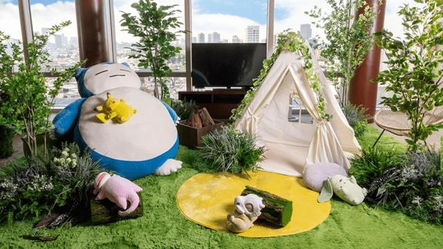 The Tokyo Grand Hyatt's limited-edition "Pokémon Sleep Suite", featuring a giant Snorlax plushie and lots of leafy, green plants