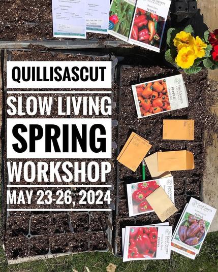 Slow Living Workshop flyer with white bold text over photo of raised garden bed with colorful seed packets laid out on rich dark soil