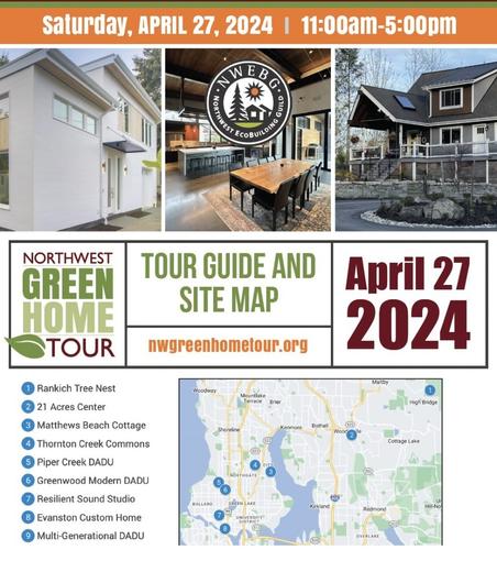 Home tour flyer with green and maroon text and 3 photos of homes at top a basic map at bottom