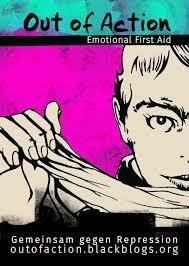 Sharepic von Out of Action: Eine Person nimmt ihre Vermummung ab (oder zieht sie auf?) und schaut den*die Betrachter*in an. Text: "Out of Action - Emotional First Aid -Gemeinsam gegen Repression - outofaction.blackblogs.org"
