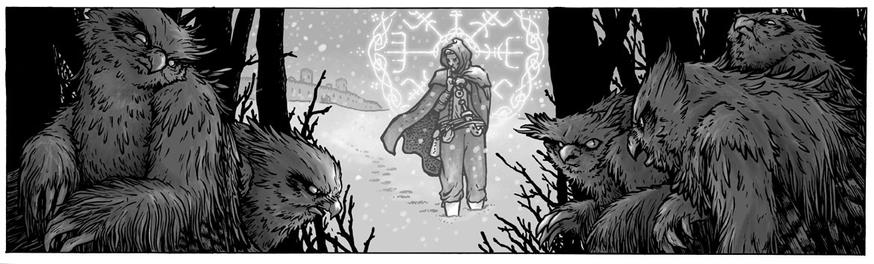 Ilustración en b/n en la que varios osos lechuza acechan desde detrás de unos árboles a un aventurero que traza un sigilo arcano.