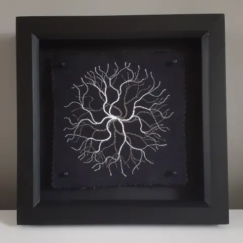 A black picture frame with a square piece of embroidery. White & grey threads depict a branching pattern emerging from the center.