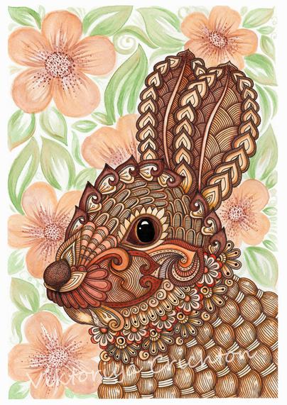 "Bunny". Modern art, zentangle style artwork, graphic animal design. Wall art, interior design.