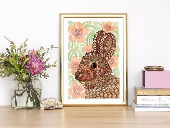 "Bunny". Modern art, zentangle style artwork, graphic animal design. Wall art, interior design.