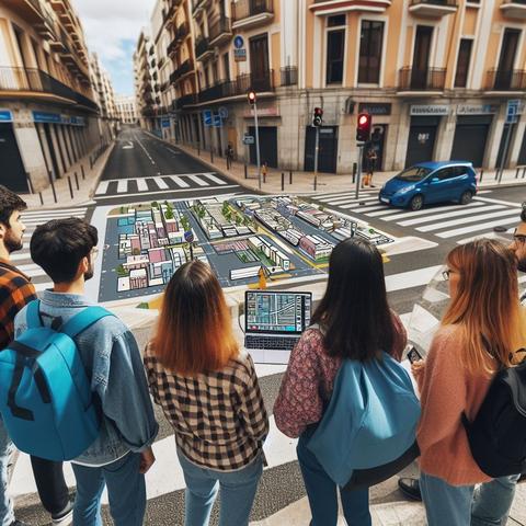 Imagen generada por IA de grupo de personas dispuestas a cartografiar objetos de la ciudad de Zaragoza
