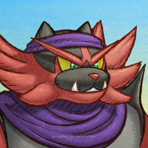 Digitally handmade mugshot artwork of an original character based on the Incineroar Pokémon facing forward towards the right side of the image at a 3/4 angle with a smiling facial expression, on a blue-to-yellow gradient background.