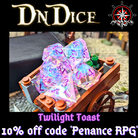 A set of resin polyhedral dice with pink, purple and blue swirls on a little cart.
Across the top is a logo for @DnDiceUK and a logo for Penance RPG of a ship's wheel containing a windrose and a twenty sided die
White and pink text reads "Twilight Toast. 10% off code 'PenanceRPG' "