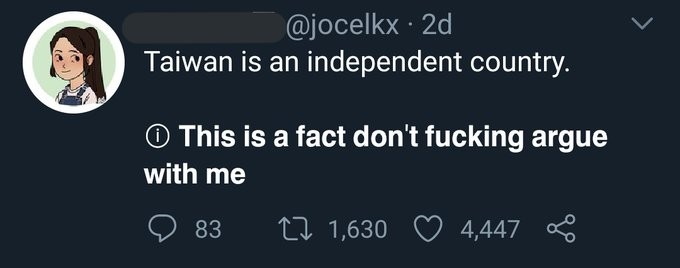 Taiwan is an independent country.

ⓘ This is a fact don't fucking argue with me