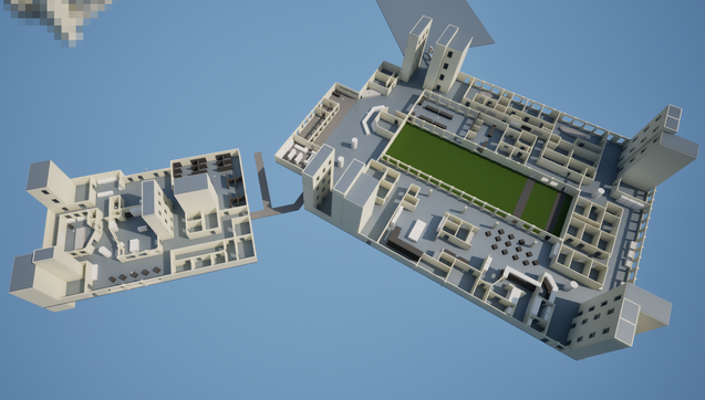 An overhead-view screenshot of the main level for my game showing two large buildings connected together without any ceiling or roof so that the entire internal structure is visible.

Tall spires stand dotted around the buildings; these are stairwells and elevator shafts.