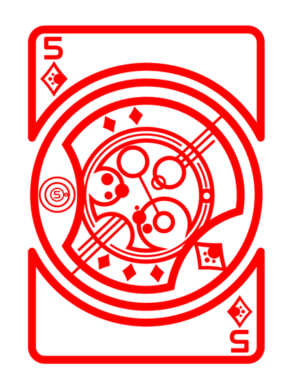 Playing card design of an 5 of Diamonds using a conlang (constructed language) for the fictional Timelords of Doctor Who.