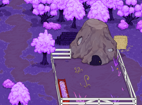 Pixel art of a purple yard with a home made from a rock.  There's a white fence around the front of it with a red trough inside.  The house is surrounded by trees.