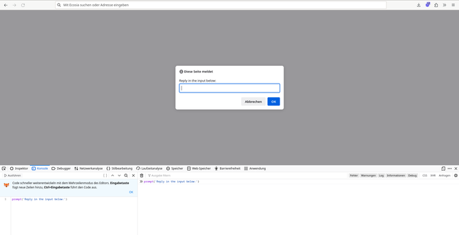 A native plain browser prompt created with JavaScript, saying "Reply in the input below" in Firefox