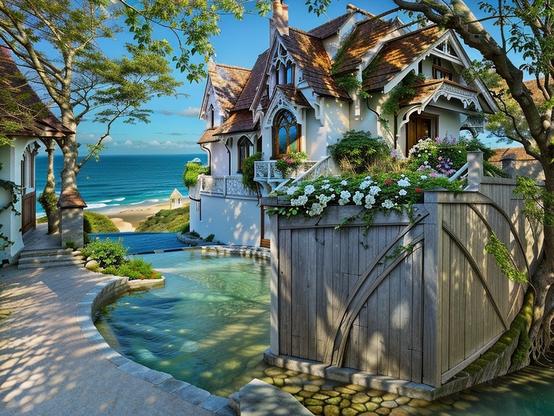 Sunny coastal scene of a quaint inn and restaurant, with lush gardens and a clear water channel leading to a sunlit beach.