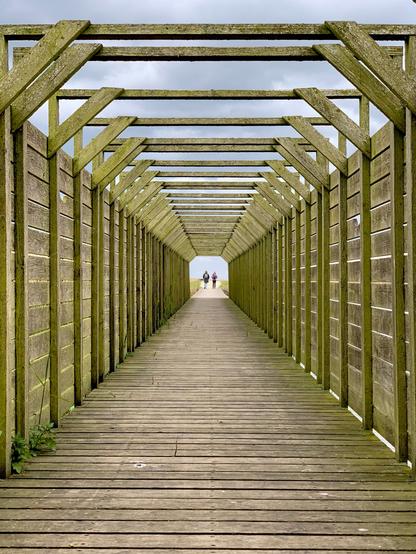 Ein seitlich mit Holz verkleideter langgezogener Weg, zum Himmel hin offen. In regelmäßigen Abständen geben Verstrebungen Stabilität.