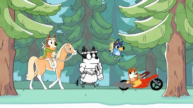 A frame from Bluey season 3 episode 14 Dragon. The family walk through a forest drawn by Chili. Bluey is flying, Bingo rides her motorbike, Bandit rides a donkey, and Chili rides a horse.