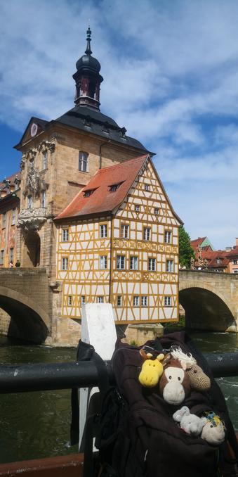 Drei Fotos mit dem selben Motiv in leicht unterschiedlichen Formaten und Aufnahmewinkeln:

Das alte Rathaus, aufgenommen von der Geyerswörthbrücke, an deren Geländer der schwarze Rucksack mit den fünf Plüschies hängt.
