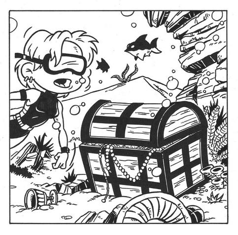 Underwater scene. A young woman with short hair wearing a skin diving suit and goggles is swimming underwater. In front of her is a wooden chest full of treasure. Scattered on the seabed near the chest are goblets, plates and other pieces of treasure. To the right of the picture is a rocky outcrop and there are various pieces of seaweed at its base. In the background there are other rocks, seaweed, and fish.
