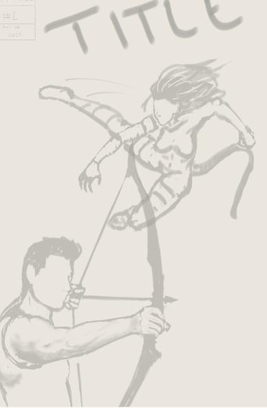 Mysprint sketch: Tigra is jumping while Hawkeye is about to send an arrow